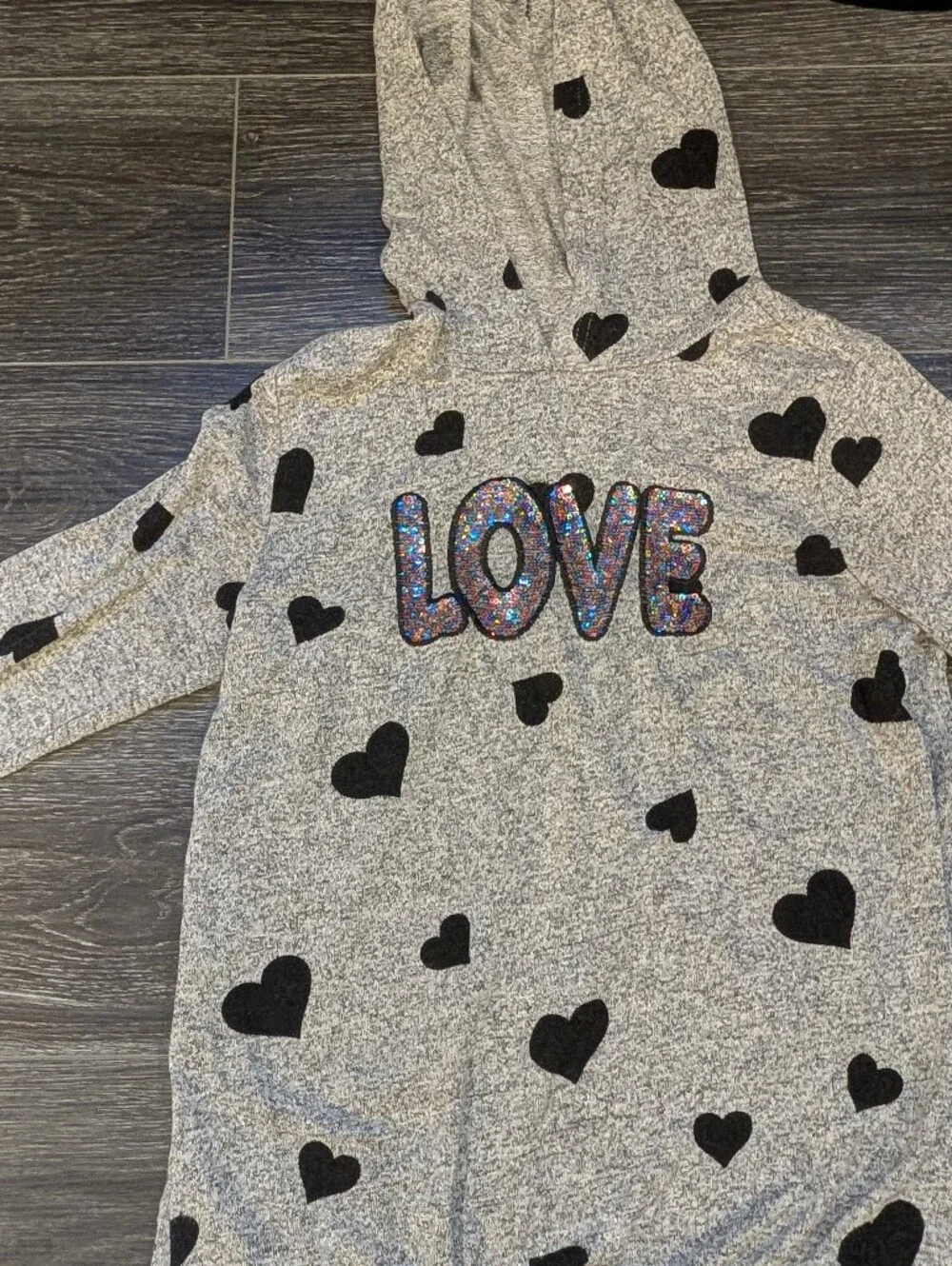 Kids Gray Hoodie Shirt with Black Hearts and Sparkle LOVE
